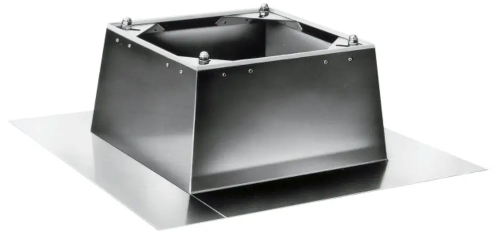 Flachdachsockel aus Metall mit quadratischer Basis und Schrauben, geeignet für die Montage von Wolf-Haustechnik.